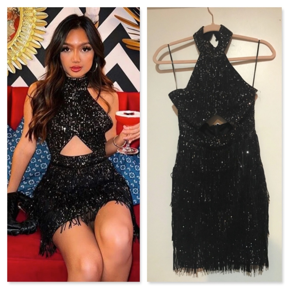 Black Sequined Tassel Cut Out Mini Short Dress Halter Neck - Picture 9 of 14